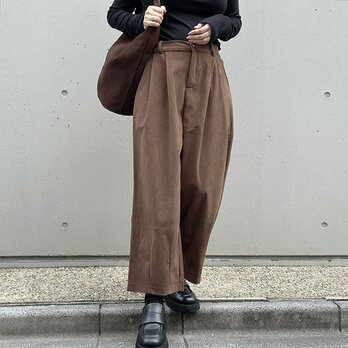新作❤︎裏起毛Ver.大人かわいいコーデュロイ半ゴム仕立てタックワイドパンツ（ココアブラウン）25044BR