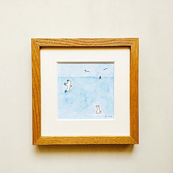 【一点物】原画「海風」 ※木製額縁入り（18㎝角）・水彩・イラスト・海・インテリアアート・送料無料