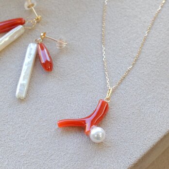 K18 赤珊瑚とアコヤ真珠のペンダント