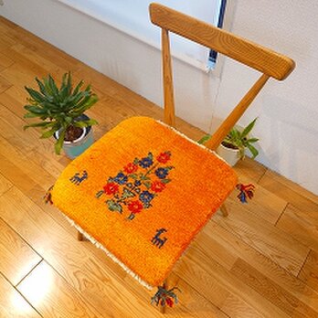 ペルシャ　ギャッベ　ミニマット　横40x39cm　 花柄　ヤギ　黄金色　T7487G