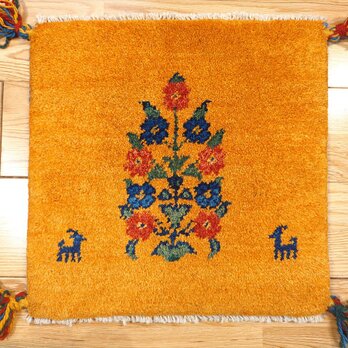 ペルシャ　ギャッベ　ミニマット　横40x39cm　 花柄　ヤギ　黄金色　T7487G
