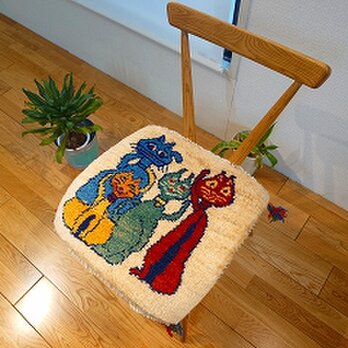 ペルシャ　ギャッベ　ミニマット　ラグ　横41.5x41.5cm　厚み 2.55cm　4匹の猫　T8836G