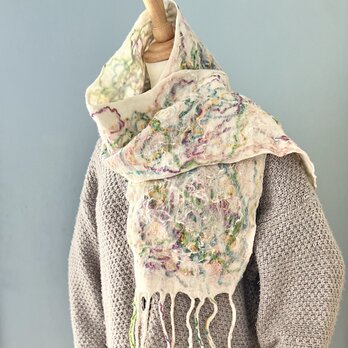 メリノウールフェルトのカラフルなロングマフラー（ホワイト）