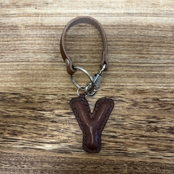 姫路レザーアルファベットぷっくりキーホルダー◆焦げ茶　Y　チャーム　バックチャーム　イニシャルキーホルダー