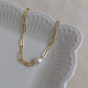 14kgf １粒ぽつぼこ淡水パールの小判チェーンブレスレット