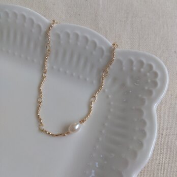 14kgf １粒淡水ポテトパールのフリルチェーンブレスレット