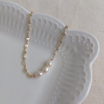 14kgf ３粒淡水ポテトパールのベネチアンチェーンブレスレット