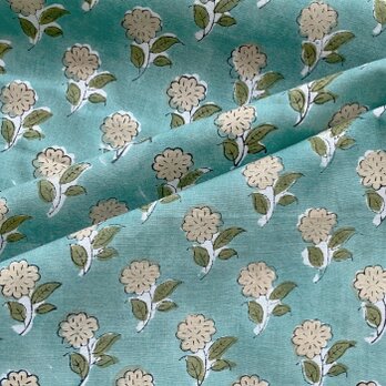インド ブロックプリント生地 [50cm単位切売]サンガネリ ベージュフラワー on シーグリーン 花SA IF0428