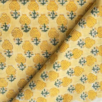 インド ブロックプリント生地 [50cm単位切売] サンガネリ イエローマム SA 花 レトロ IF0416