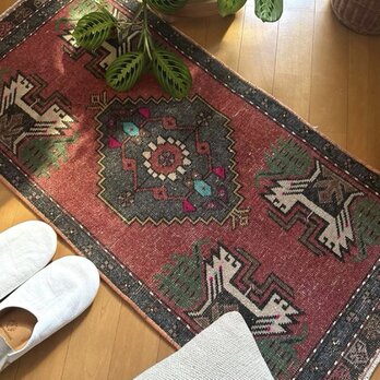 48×102 深みある赤茶色×グレイ　メダリオン　トルコヴィンテージラグ