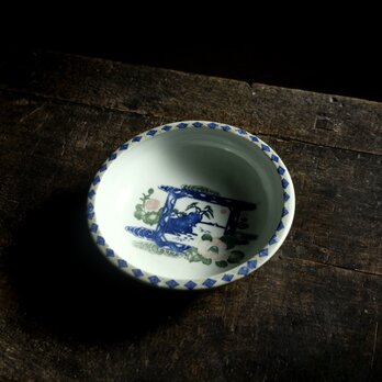 花と風景◆縁に入れ子菱。瀬戸焼　印判中鉢　骨董・antiques 古民家　大正期