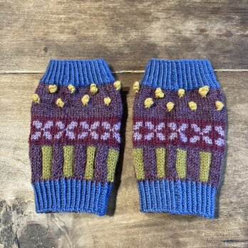 手編みのハンドウォーマー｜カラフルな柄編み｜一点もの｜指先が自由な冬小物｜冷えとり｜ミトン｜手袋｜古着好き｜模様編み