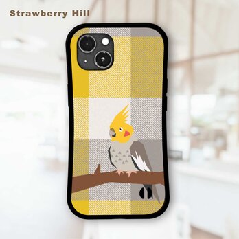 オカメインコ　チェック イラスト 耐衝撃 グリップケース iPhoneケース