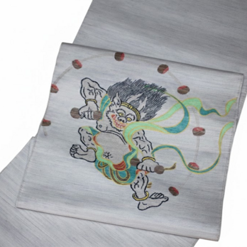 西陣織　麻絹　なごや帯　雷神図　訳アリ