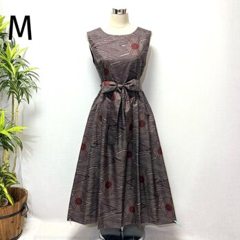 着物リメイク　大島紬花柄ワンピース　2WAY ジャンパースカート　ふんわりウエストギャザー　ノースリーブ