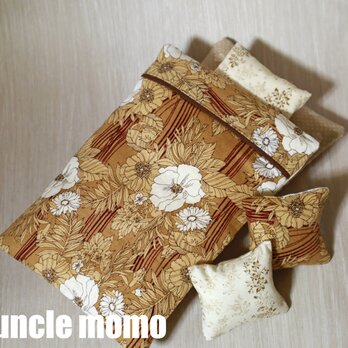ドール用枕＆掛・敷布団セット　シングル用（厚）カフェオレ（ベージュブラウン）　1/12ミニチュア・ファブリック