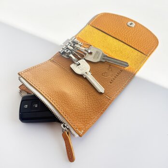 ファスナーポケット付きキーケース　イエロー　（アリゾナ使用）　名入れ対応☆選べる金具色☆キーリングオプション有り