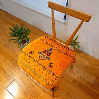 ペルシャ　ギャッベ　ミニマット　横43.5x42cm　 花柄　ヤギ　黄金色　T7865G