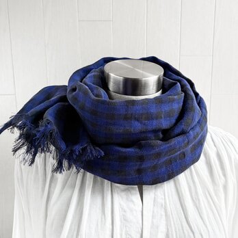 秋冬 イタリアンリネンのストール　ギンガムチェック　ブルー×黒