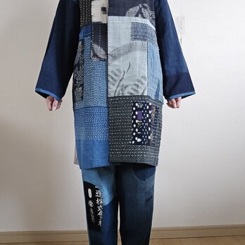 着物リメイク　BORO のぼり　型染め　刺し子　パッチワーク　コート