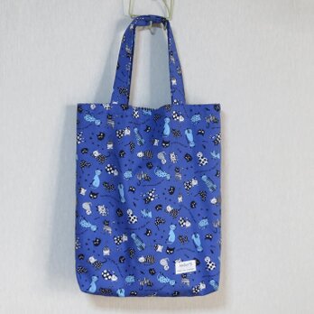 やわらか縦長トートバッグ★A4★ネコ柄（ブルー）