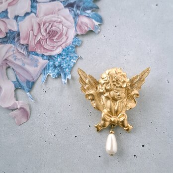 matte gold angel faux pearl dangle ヴィンテージブローチ