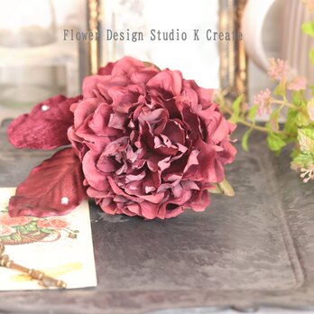 ボルドーのピオニーとベロアの葉っぱの髪飾り　フラメンコ　ダンス　着物　フローレス　芍薬　ピオニー　ヘッドピース　髪飾り