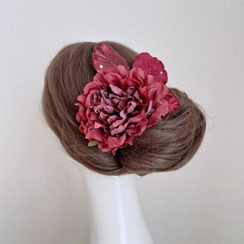 ボルドーのピオニーとベロアの葉っぱの髪飾り　フラメンコ　ダンス　着物　フローレス　芍薬　ピオニー　ヘッドピース　髪飾り