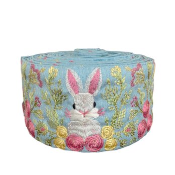 インド刺繍リボン50cm切り売り 花園の白うさぎ ブルー地 6.7cm幅 HC ラビット バニー 兎 R-0831