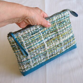 ツイードポーチ／青の皮革