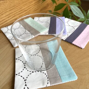 【ハギレ活用お得セット】刺し子コースター4枚セット①　　丸模様　グリーンブラウン×パープルラベンダー　カラフル　ギフト
