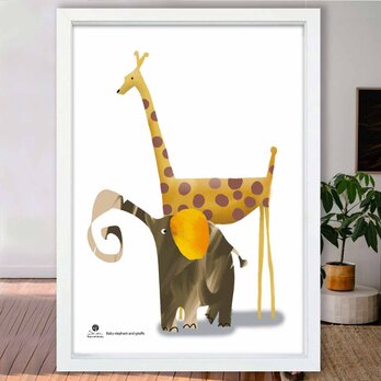 散歩のふたり　キリン　ゾウ　送料無料 　イラスト　A4〜A0　ポスター　アートポスター　アート/sei検索新着順　3850