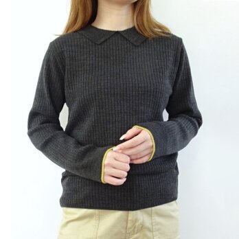 『日本製』襟付き12Gワイドリブニットプルオーバー（チャコールグレー×タンポポイエロー）