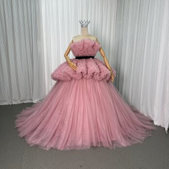 人気上昇！カラードレス ローズピンク プリンセスライン 取り外し オーバードレス ラッフルフリル 前撮り