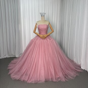 カラードレス ローズピンク ベアトップ チュールスカート プリンセスライン 編み上げ 披露宴