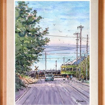 水彩画原画　鎌倉プリンスホテル前踏切と七里ガ浜の海　＃708