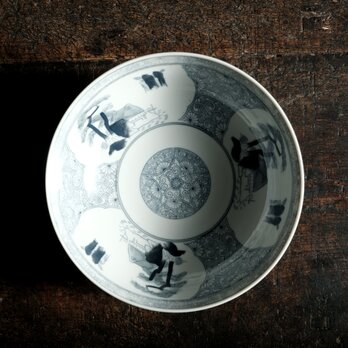 黒染付で素敵◆花唐草と素朴な風景。瀬戸焼　黒染付印判大鉢　骨董・antiques リーフ・鳳凰　大正~昭和初期