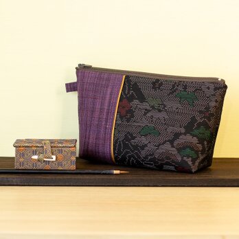 P-006正絹紬切り替えポーチ/紫紬×金茶ライン茶系大島紬