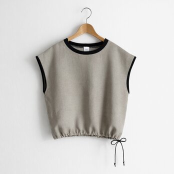 衿リブクルーネック クロップド丈 裾ドロスト フレンチ袖プルオーバー｜リネン100%_Natural