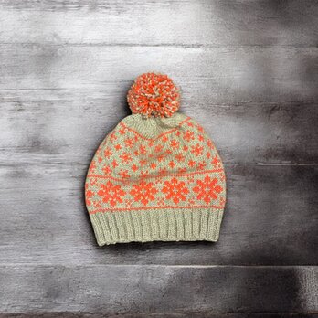 北欧柄手編みニット帽子/シェットランドウール