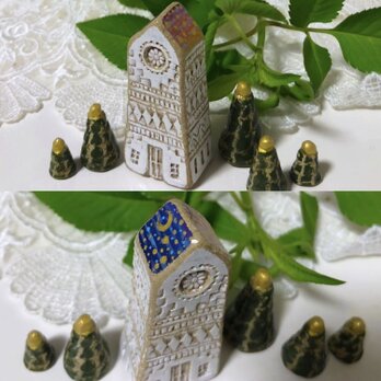 《素焼きシリーズ》茜色の夕焼けと金色の月を映した塔・陶土アート 置物 作家作品