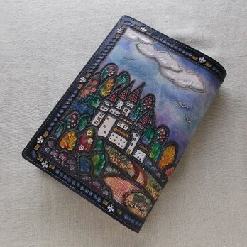 単行本サイズブックカバー（ソフトカバー、ビジネス書）  牛革　刻印＆拭き染め