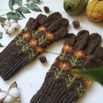 茶に琥珀の花の編み込みスマホ対応手袋