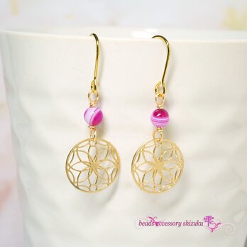 彩鞠ピアス＊ピンクストライプアゲート