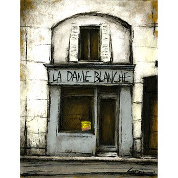 風景画　パリ　油絵「パリの小さな中古レコード店」