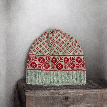北欧柄手編みニット帽子/シェットランドウール
