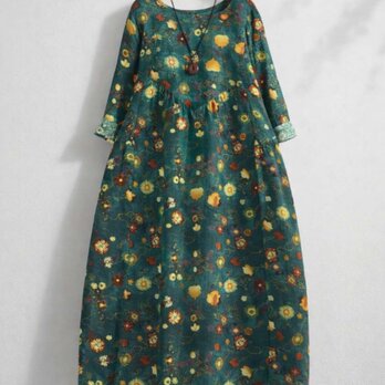 綿麻ワンピース リネン 長袖 花柄 ロングドレス レディス 春秋冬 大人カジュアル ギフト コットン  綿  通勤通学 おしゃれ