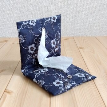 華やか花柄刺繍　携帯ティッシュケース　ボックスティッシュから詰替え　ネイビー　563
