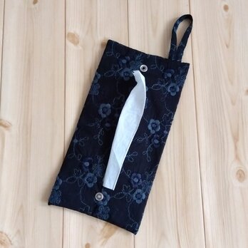 持ち手付き　華やか花柄刺繍　携帯ティッシュケース　BOXティッシュから詰替え　吊り下げ　ブラック　568