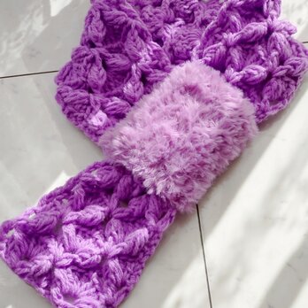 【お客様の声から生まれた】マフラー ファー バタフライ 花 柄 模様 薄い 紫 パープル ショート ループ 手編み 編み物 編み